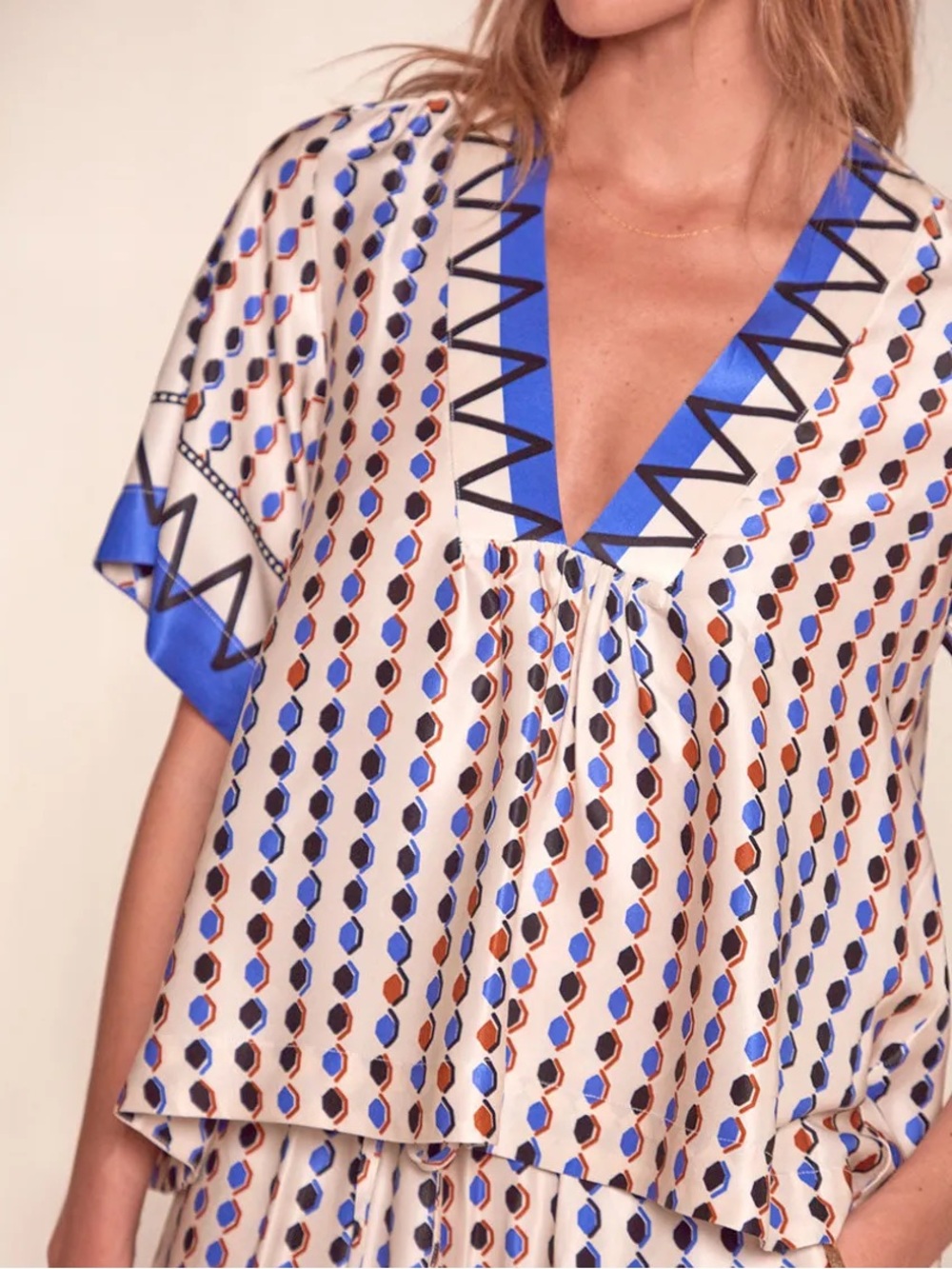 Lemlem RITA V Neck Satin Boho Printed Top